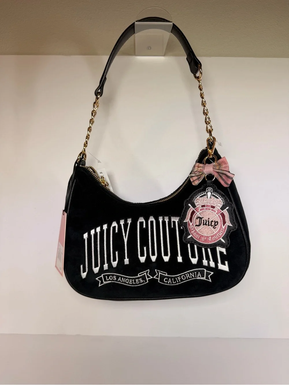 Juicy Couture Black Velour Shoulder Bag with Pink Bow Charm